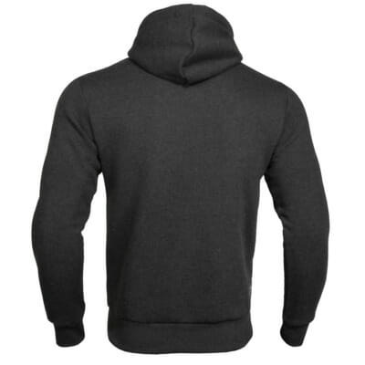 FEFLOGX Sportswear Herren Men Hoody EXC Move. Gemühtlicher Hoodie, grau, für Freizeit, Sport, MMA, Kampfsport, Fitness, hintere Ansicht des Kapuzen Pullovers. Sportkleidung Herren.