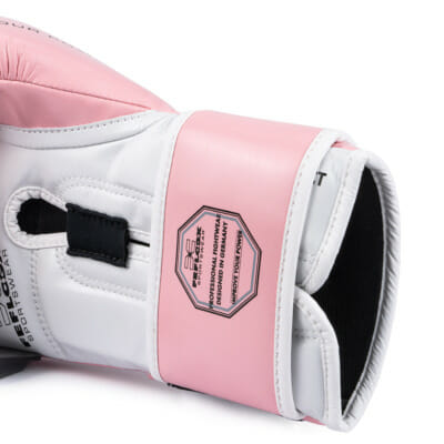 FEFLOGX Sportswear professionelle Boxhandschuhe Performance Striker ultra-hochwertig, Boxing-Gloves für max. Power, Kickbox Handschuhe, Muay-Thai Handschuhe, Box Handschuhe Sparring, Boxsack-Handschuhe, 8 oz bis 16 Unzen, schwarz, rosa & weiß, Verschluss-Band rosa mit Qualitätsmerkmal.