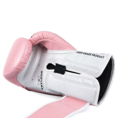 FEFLOGX Sportswear professionelle Boxhandschuhe Performance Striker ultra-hochwertig, Boxing-Gloves für max. Power, Kickbox Handschuhe, Muay-Thai Handschuhe, Box Handschuhe Sparring, Boxsack-Handschuhe, 8 oz bis 16 Unzen, schwarz, rosa & weiß, untere Seite rosa.