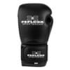 FFX Pro Boxhandschuhe Performance Striker von FEFLOGX Sportswear. Professionelle Kick Box Handschuhe, ultra hochwertig, Boxing-Gloves für max. Power, Kickbox Handschuhe, Muay Thai Handschuhe, Boxen Handschuhe Sparring, Boxsack-Handschuhe. Größen: 8oz, 10 oz, 12 oz, 14 oz, 16 oz. Farben: schwarz, rosa, olivgrün & weiß. Foto Handrücken eines schwarzen Boxhandschuhs.