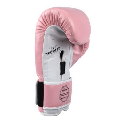 FEFLOGX Sportswear professionelle Boxhandschuhe Performance Striker ultra-hochwertig, Boxing-Gloves für max. Power, Kickbox Handschuhe, Muay-Thai Handschuhe, Box Handschuhe Sparring, Boxsack-Handschuhe, 8 oz bis 16 Unzen, schwarz, rosa & weiß, seitlich-untere Ansicht Handfläche rosa mit FFX-Logo & Qualitätsmerkmal.