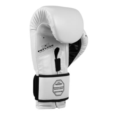 FEFLOGX Sportswear professionelle Boxhandschuhe Performance Striker ultra-hochwertig, Boxing-Gloves für max. Power, Kickbox Handschuhe, Muay-Thai Handschuhe, Box Handschuhe Sparring, Boxsack-Handschuhe, 8 oz bis 16 Unzen, schwarz, rosa & weiß, seitlich-untere Ansicht Handfläche weiß mit FFX-Logo & Qualitätsmerkmal.