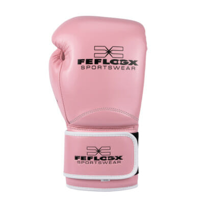 FEFLOGX Sportswear professionelle Boxhandschuhe Performance Striker ultra-hochwertig, Boxing-Gloves für max. Power, Kickbox Handschuhe, Muay-Thai Handschuhe, Box Handschuhe Sparring, Boxsack-Handschuhe, 8 oz bis 16 Unzen, schwarz, rosa & weiß, obere Ansicht Handrücken rosa mit FFX Logo.