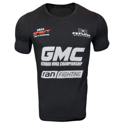 German MMA Championsship GMC mit Ran-Fighting (Ranfighting), mit FEFLOGX Sportswear, mit dem MMA Spirit aus Frankfurt am Main, MMA Saison 2020, Kooperation Eröffnungs T-Shirt, vorne.