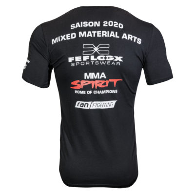 German MMA Championsship GMC mit Ran-Fighting (Ranfighting), mit FEFLOGX Sportswear, mit dem MMA Spirit aus Frankfurt am Main, MMA Saison 2020, Kooperation Eröffnungs T-Shirt, hinten.