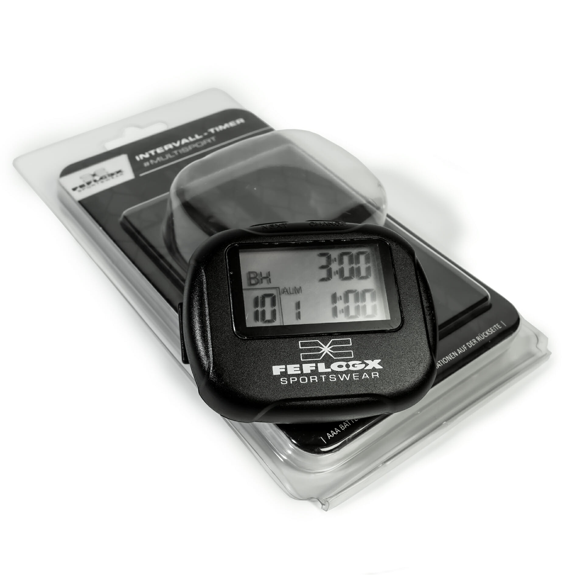 Intervall Timer von FEFLOGX Sportswear, mit Anleitung, Multi-Sport, Stoppuhr, Sport-Uhr, FEFLOGX Sportswear, mit Clipper, Interval-Timer, Bild mit Verpackung (1).