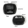 Intervall Timer von FEFLOGX Sportswear, mit Anleitung, Multi-Sport, Stoppuhr, Sport-Uhr, FEFLOGX Sportswear, mit Clipper, Interval-Timer, Bild mit Erklärung, vorne & hinten Ansicht.