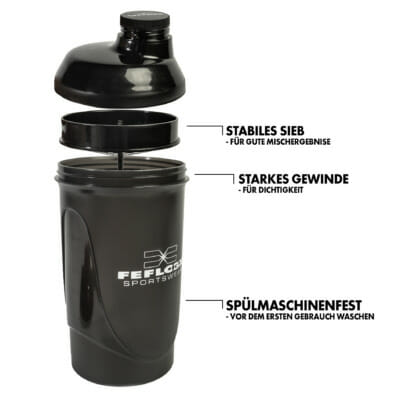 FEFLOGX Sportswear Protein Shaker Move, Drehverschluss, mit herausnehmbaren Sieb, 600ml / 20oz, frei von BPA & DEHP, Mixer, Ansicht der Einzelteile.