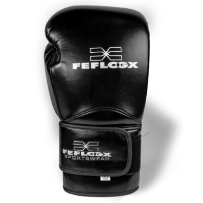 FEFLOGX Sportswear Boxhandschuhe EXC Move, Kickbox-Handschuhe, Thai-Boxhandschuhe, 10oz bis 16 Unzen, schwarz, einzeln vordere Ansicht.