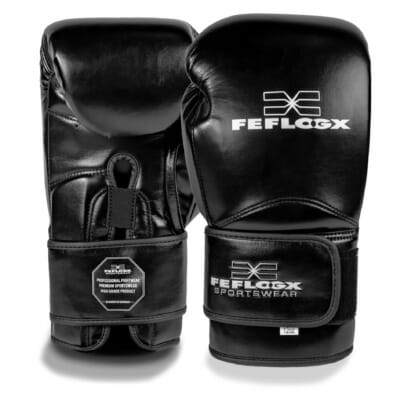 FEFLOGX Sportswear Boxhandschuhe EXC Move, Kickbox-Handschuhe, Thai-Boxhandschuhe, 10oz bis 16 Unzen, schwarz, vordere & hintere Ansicht.