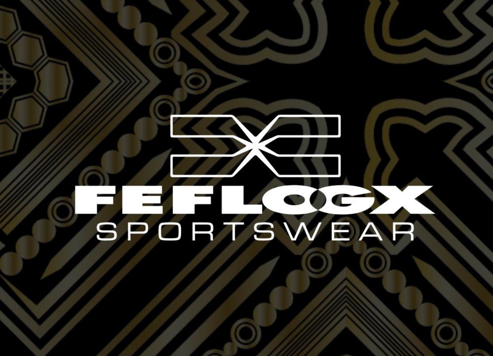 FEFLOGX Logo weiß im Vordergrund und goldenes Muster im Hintergrund.