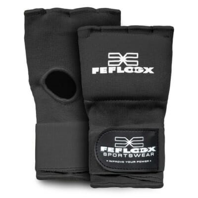 Gel Bandagen Handschuhe FEFLOGX Sportswear. Gel Handschuhe, Boxbandagen, super-bequem, hervorragende Performance & langlebiger Verschluss. Schwarz vorne & hinten Ansicht.