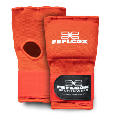 Gel Bandagen Handschuhe FEFLOGX Sportswear. Gel Handschuhe, Boxbandagen, super-bequem, hervorragende Performance & langlebiger Verschluss. Rot vorne & hinten Ansicht.