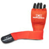 Gel Bandagen Handschuhe FEFLOGX Sportswear. Gel Handschuhe, Boxbandagen, super-bequem, hervorragende Performance & langlebiger Verschluss. Rot Handrücken mit Logo & Verschluss-Patch, Gel-Pad + Handgelenk-Band ausgerollt ein Stück.