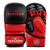 Hoch-professionelle FFX Pro MMA Sparring Handschuhe Performance Striker by FEFLOGX Sportswear, hochwertigstes & extrem strapazierfähiges FFX-Leder, MMA Gloves, MMA Boxhandschuhe, MMA Handschuhe, Sparrrings-Gloves, super-bequem & hoch-komfortabel, anatomisch vorgeformt & ergonomisch entwickelt, max. Schutz & elegantes Design, in schwarz & rot, Verschlussband mit FEFLOGX Logo Hot Print, Beste Polsterung für maximale Power & exzellente Performance, liegend mit Handflächen FFX Logo Prints. 1 Paar stehend schwarz, schräge Handrücken Ansicht schwarz. 1 Paar rot stehend.