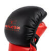 Hoch-professionelle FFX Pro MMA Sparring Handschuhe Performance Striker by FEFLOGX Sportswear, hochwertigstes & extrem strapazierfähiges FFX-Leder, MMA Gloves, MMA Boxhandschuhe, MMA Handschuhe, Sparrrings-Gloves, super-bequem & hoch-komfortabel, anatomisch vorgeformt & ergonomisch entwickelt, max. Schutz & elegantes Design, in schwarz & rot, Verschlussband mit FEFLOGX Logo Hot Print, Beste Polsterung für maximale Power & exzellente Performance, liegend mit Handflächen FFX Logo Prints, Polster Ansicht.