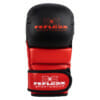Hoch-professionelle FFX Pro MMA Sparring Handschuhe Performance Striker by FEFLOGX Sportswear, hochwertigstes & extrem strapazierfähiges FFX-Leder, MMA Gloves, MMA Boxhandschuhe, MMA Handschuhe, Sparrrings-Gloves, super-bequem & hoch-komfortabel, anatomisch vorgeformt & ergonomisch entwickelt, max. Schutz & elegantes Design, in schwarz & rot, Verschlussband mit FEFLOGX Logo Hot Print, Beste Polsterung für maximale Power & exzellente Performance, liegend mit Handflächen FFX Logo Prints, Handrücken Ansicht.