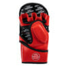 Hoch-professionelle FFX Pro MMA Sparring Handschuhe Performance Striker by FEFLOGX Sportswear, hochwertigstes & extrem strapazierfähiges FFX-Leder, MMA Gloves, MMA Boxhandschuhe, MMA Handschuhe, Sparrrings-Gloves, super-bequem & hoch-komfortabel, anatomisch vorgeformt & ergonomisch entwickelt, max. Schutz & elegantes Design, in schwarz & rot, Verschlussband mit FEFLOGX Logo Hot Print, Beste Polsterung für maximale Power & exzellente Performance, liegend mit Handflächen FFX Logo Prints. 1 Paar stehend schwarz, Handflächen Ansicht.