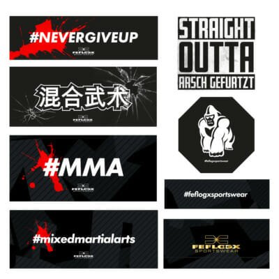 FEFLOGX Sportswear Sticker, Aufkleber, Autoaufkleber, Label. Fighter, Kampfsport, Functional Fitness, Crossfit, MMA, Mixed-Martial-Arts, chinesiche Schrift für FEFLOGX. Gorilla, Oktagon, Straight outta Arsch gefurzt.