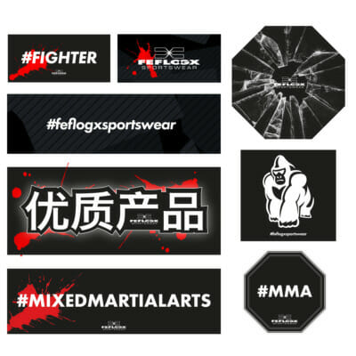 FEFLOGX Sportswear Sticker, Aufkleber, Autoaufkleber, Label. Fighter, Kampfsport, Functional Fitness, Crossfit, MMA, Mixed-Martial-Arts, chinesiche Schrift für FEFLOGX. Gorilla, Oktagon.