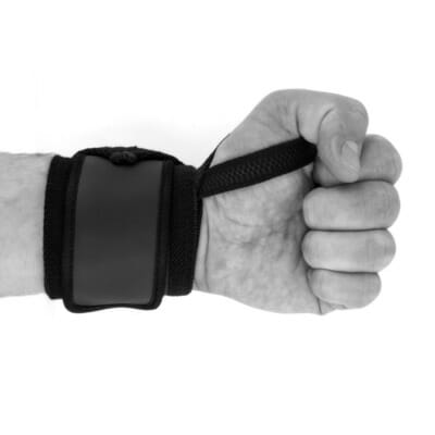 Gewichtheber Bandagen Zughilfen Fitness Performance von FEFLOGX Sportswear, Handgelenkstützen, Handgelenkbandagen, Lifting Straps, mit Daumenschlaufe angezogen an Hand.