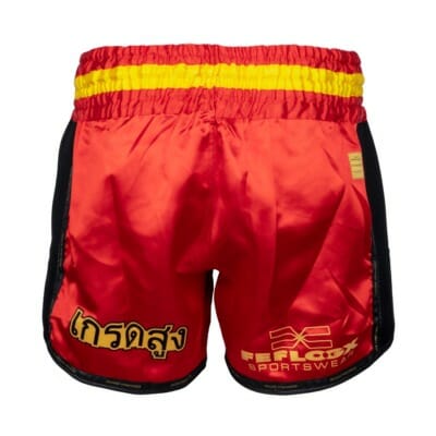 FFX Muay Thai Shorts Fight Performance von FEFLOGX Sportswear in schwarz, rot & blau. Hoch-professionelle, ergonomisch entwickelte & super-bequeme Thaibox Hose, extrem hochwertige & max. Robuste Fight Shorts, hoch-funktionelle, enorm langlebige Muay Thai Hose, Thaibox Shorts, hintere Ansicht, rot.