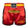 FFX Muay Thai Shorts Fight Performance von FEFLOGX Sportswear in schwarz, rot & blau. Hoch-professionelle, ergonomisch entwickelte & super-bequeme Thaibox Hose, extrem hochwertige & max. Robuste Fight Shorts, hoch-funktionelle, enorm langlebige Muay Thai Hose, Thaibox Shorts, vordere Ansicht, rot.