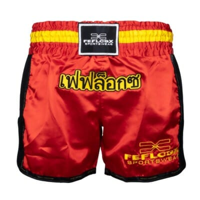FFX Muay Thai Shorts Fight Performance von FEFLOGX Sportswear in schwarz, rot & blau. Hoch-professionelle, ergonomisch entwickelte & super-bequeme Thaibox Hose, extrem hochwertige & max. Robuste Fight Shorts, hoch-funktionelle, enorm langlebige Muay Thai Hose, Thaibox Shorts, vordere Ansicht, rot.