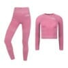 FFX Seamless Damen Sport Set Superior Fit by FEFLOGX Sportswear, super bequem & mega stylisches Formlinien-Design, bestehend aus Damen Leggings & langarm Crop Top, Sportset Damen, Sportkleidung Damen Set, Sportset Damen, Damen Trainingsanzug, Gym Set Damen aus Oberteil & Unterteil, Sportbekleidung Damen Set, Zweiteiler Jogginganzug Damen, Farben: schwarz, rosa, blau, vordere Ansicht der beiden rosanen Produkte, Longsleeve Croptop & Leggings.