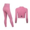 FFX Seamless Damen Sport Set Superior Fit by FEFLOGX Sportswear, super bequem & mega stylisches Formlinien-Design, bestehend aus Damen Leggings & langarm Crop Top, Sportset Damen, Sportkleidung Damen Set, Sportset Damen, Damen Trainingsanzug, Gym Set Damen aus Oberteil & Unterteil, Sportbekleidung Damen Set, Zweiteiler Jogginganzug Damen, Farben: schwarz, rosa, blau, hintere Ansicht der beiden rosanen Produkte, Longsleeve Croptop & Leggings.