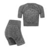 FFX Seamless Damen Sport Set Precise Fit by FEFLOGX Sportswear, super bequem & mega stylisches Formlinien-Design, bestehend aus Damen Leggings & kurzarm Crop Shirt, Sport Set Damen, Sportkleidung Damen Set, Sportset Damen, Trainingsanzug Damen, Gym Sets Damen aus Oberteil & Unterteil, Sportanzug Damen, Zweiteiler Jogginganzug Damen, Farben: schwarz, rosa, grau, hintere Ansicht der beiden grauen Produkte, Croptop & Leggings.