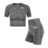 FFX Seamless Damen Sport Set Precise Fit by FEFLOGX Sportswear, super bequem & mega stylisches Formlinien-Design, bestehend aus Damen Leggings & kurzarm Crop Shirt, Sport Set Damen, Sportkleidung Damen Set, Sportset Damen, Trainingsanzug Damen, Gym Sets Damen aus Oberteil & Unterteil, Sportanzug Damen, Zweiteiler Jogginganzug Damen, Farben: schwarz, rosa, grau, vordere Ansicht der beiden grauen Produkte, Croptop & Leggings.