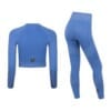 FFX Seamless Damen Sport Set Superior Fit by FEFLOGX Sportswear, super bequem & mega stylisches Formlinien-Design, bestehend aus Damen Leggings & langarm Crop Top, Sportset Damen, Sportkleidung Damen Set, Sportset Damen, Damen Trainingsanzug, Gym Set Damen aus Oberteil & Unterteil, Sportbekleidung Damen Set, Zweiteiler Jogginganzug Damen, Farben: schwarz, rosa, blau, hintere Ansicht der beiden blauen Produkte, Longsleeve Croptop & Leggings.