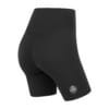 FFX Kurze Damen Tight Shorts Classy Shape by FEFLOGX Sportswear, super stylische kurze Leggings Damen, se*y Tights, Damen Sportshorts, pastell-rosa, schwarz & hell-grün, Damen Sport Shorts, seitlich hintere Ansicht der schwarzen kurze Sporthose Damen.