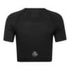 FFX Damen Sport Crop Top Shirt Precise Fit by FEFLOGX Sportswear, super bequem & mega stylisches Formlinien-Design, Teil des Zweiteiler Damen Sport Set aus Damen Tight Shorts & kurzarm Crop Shirt, Sportshirt Damen, Cropshirt, Crop Shirt, Trainingsshirt Damen, bauchfreies T Shirt, T Shirt Crop, Damen Cropped Shirt, Crop Top für Freizeit & Sport, Farben: schwarz-grau, rosa, blau, seitlich hintere Ansicht des schwarzen Crop Top Shirts mit Formlinien Shape-Style.