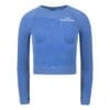 FFX Seamless Damen Sport Langarm Crop Top Superior Fit by FEFLOGX Sportswear, super bequem & mega stylisches Formlinien-Design, Teil des Zweiteiler Damen Sport Set aus Damen Leggings & Crop Top langarm, Damen Sport Croptop, Crop Sweatshirt, Crop Top Damen, Crop Top, Gym Top Damen, Yoga Shirt, Croptop, Gym Shirt, Crop Shirt langarm, langarmshirt Damen, Copped Sweatshirt, Top Croptop für Freizeit & Sport, Farben: schwarz-grau, rosa, blau, vordere Ansicht des blauen Longsleeve Croptops im Formlinien Shape-Style.