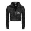 FFX Elegante Langarm Crop Top Sport Jacke Exclusive Fit mit Reißverschluss, Crop Top langarm, Sweatshirt Jacke Damen mit Kragen, Langarm Croptop, Sweatjacke Damen, Sport jacke Damen, FEFLOGX Sportswear, Schwarz-Dunkles Camouflage, Vorderseite.