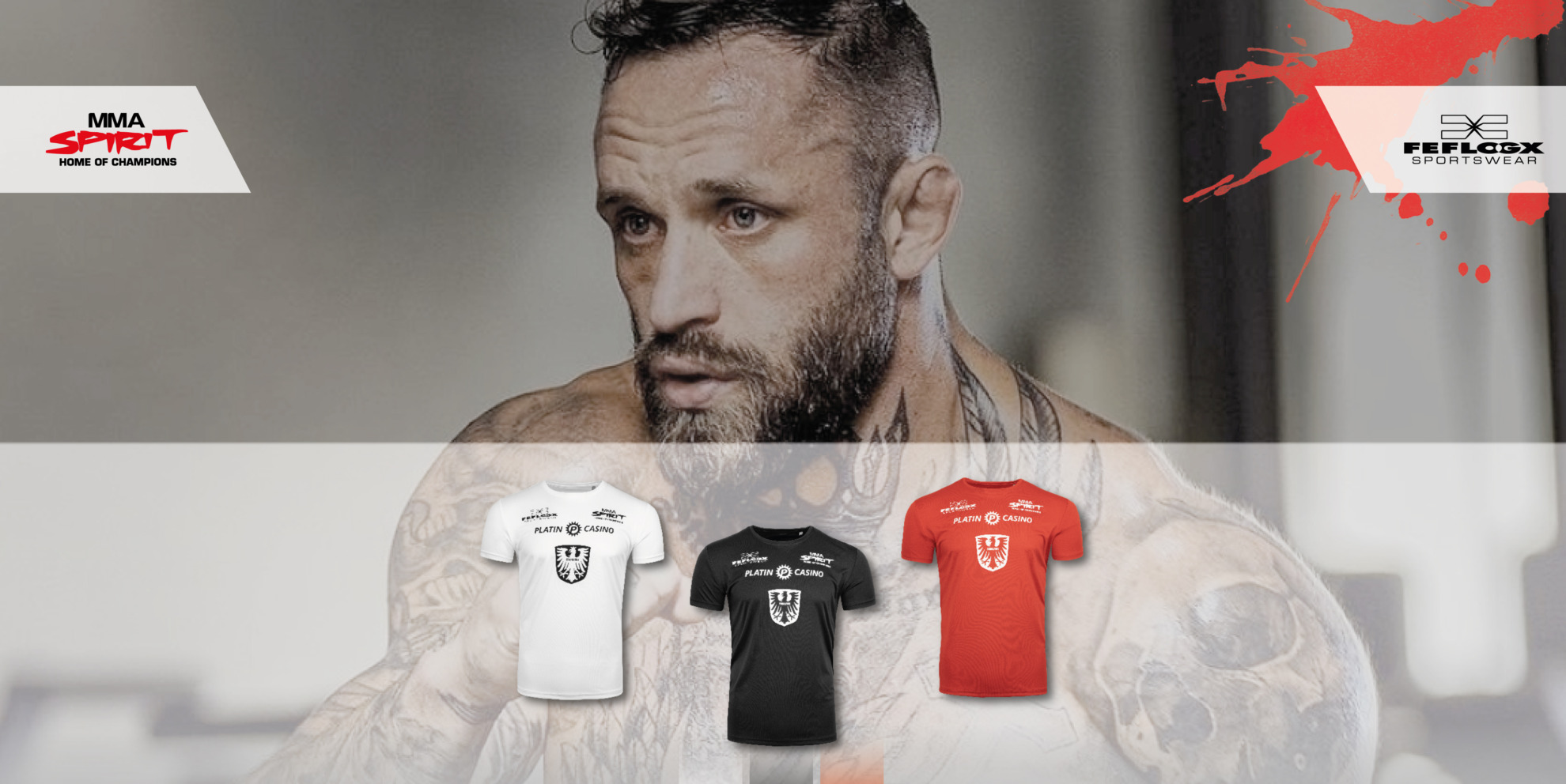FEFLOGX Sportswear Support Shirt & Fanshirt mit MMA Fighter Christian Eckerlin aus dem MMA Spirit aus Frankfurt am Main, Oktagon MMA, Bellator MMA, KSW MMA, UFC, Team Eckerlin, Sportshirt, T-Shirt, MMA Shirt, Trainingsshirt, Marketing Ansicht mit Frankfurter Skyline & Frankfurter Stadtwappen, Farben schwarz, rot, weiß.