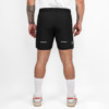 FFX 2-in-1 Superior Sport Shorts mit Tights von FEFLOGX Sportswear, extrem hochwertige kurze Jogginghose, kurze Sporthose mit Tight Shorts, 2 in 1 Shorts Herren, MMA Shorts, 2 in 1 Laufhose Herren, 2 in 1 Laufshorts Herren in grau & schwarz, hintere Ansicht der schwarzen Sportshorts.