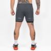 FFX 2-in-1 Superior Sport Shorts mit Tights von FEFLOGX Sportswear, extrem hochwertige kurze Jogginghose, kurze Sporthose mit Tight Shorts, 2 in 1 Shorts Herren, MMA Shorts, 2 in 1 Laufhose Herren, 2 in 1 Laufshorts Herren in grau & schwarz, hintere Ansicht der grauen Sportshorts.