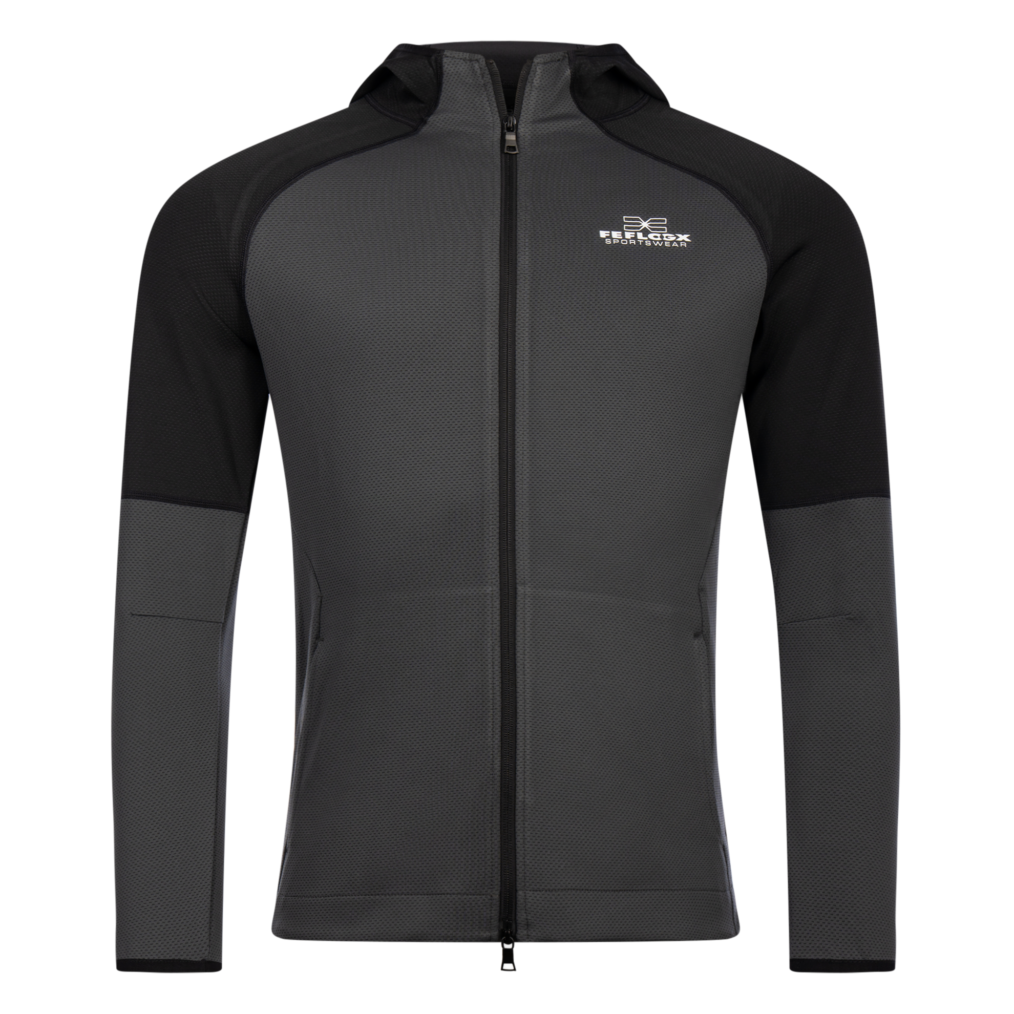 FFX High Performance Zip Hoodie Fighting Fitness von dem FFX High-Performance Sportanzugs Fighting Fitness von FEFLOGX, Zip Hoodie Herren & Damen, Trainingsjacke, Hoodie mit Reißverschluss, Trainings-Jacke, Oberteil vom Trainingsanzug Herren, Jogginganzug Herren, Track Suit, Sportanzug, in den Farben schwarz-grau& grau-schwarz, Vorderansicht grau-schwarz. FFX High Performance Zip Hoodie Fighting Fitness