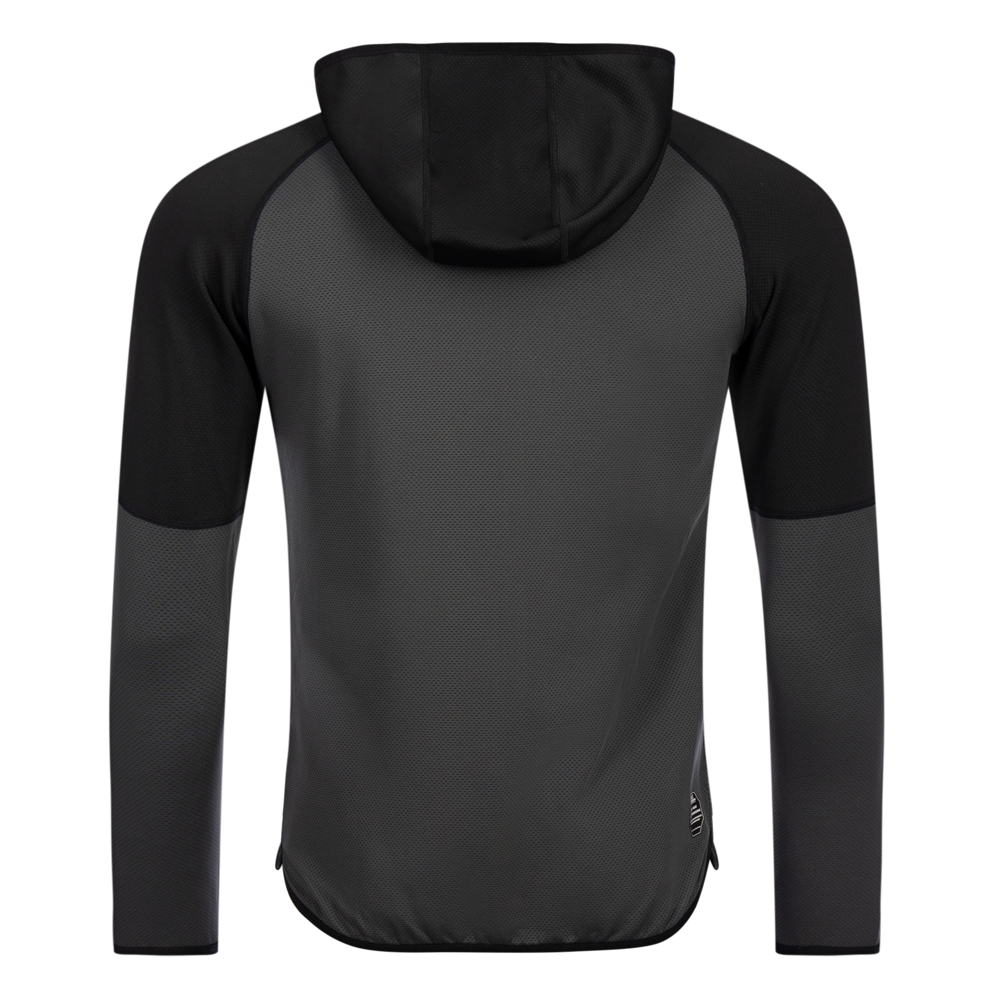 FFX High Performance Zip Hoodie Fighting Fitness von dem FFX High-Performance Sportanzugs Fighting Fitness von FEFLOGX, Zip Hoodie Herren & Damen, Trainingsjacke, Hoodie mit Reißverschluss, Trainings-Jacke, Oberteil vom Trainingsanzug Herren, Jogginganzug Herren, Track Suit, Sportanzug, in den Farben schwarz-grau& grau-schwarz, Hinteransicht grau-schwarz. FFX High Performance Zip Hoodie Fighting Fitness