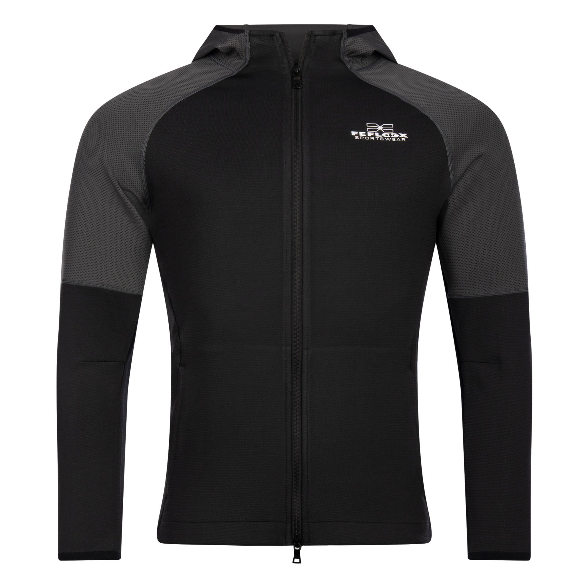 FFX High Performance Zip Hoodie Fighting Fitness von dem FFX High-Performance Sportanzugs Fighting Fitness von FEFLOGX, Zip Hoodie Herren & Damen, Trainingsjacke, Hoodie mit Reißverschluss, Trainings-Jacke, Oberteil vom Trainingsanzug Herren, Jogginganzug Herren, Track Suit, Sportanzug, in den Farben schwarz-grau& grau-schwarz, Vorderansicht schwarz-grau. FFX High Performance Zip Hoodie Fighting Fitness