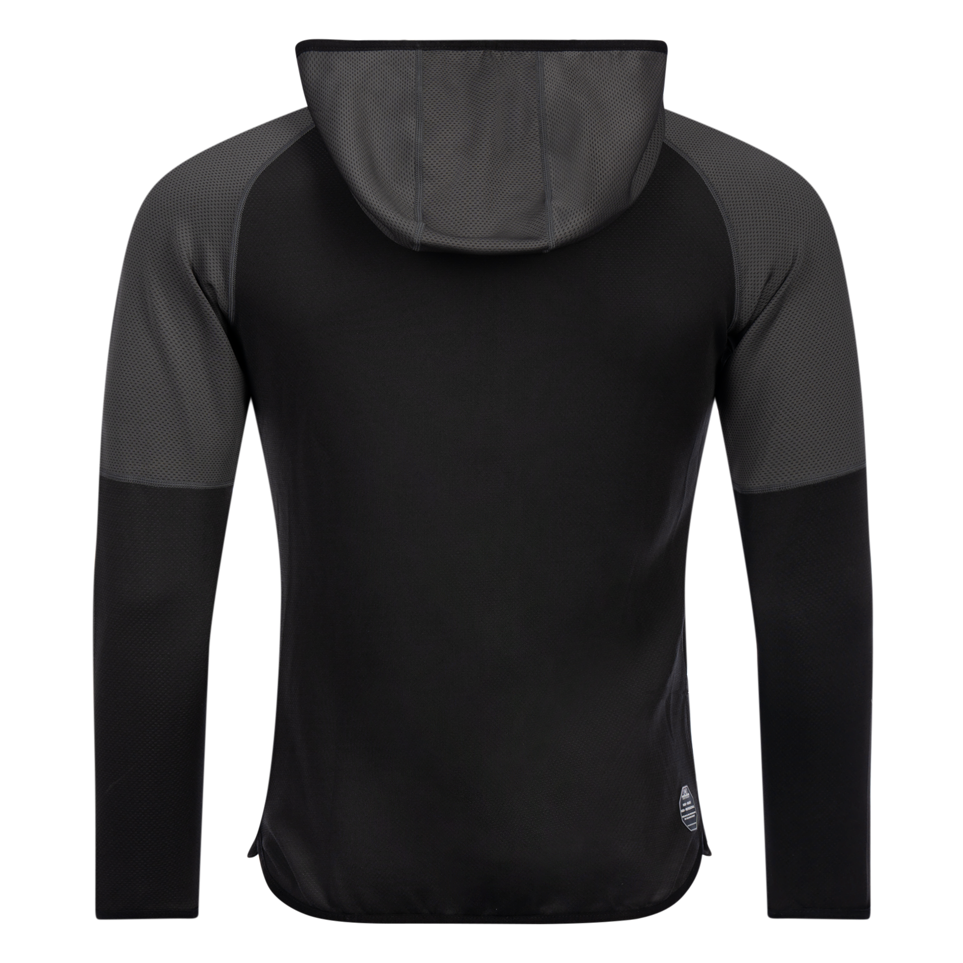 FFX High Performance Zip Hoodie Fighting Fitness von dem FFX High-Performance Sportanzugs Fighting Fitness von FEFLOGX, Zip Hoodie Herren & Damen, Trainingsjacke, Hoodie mit Reißverschluss, Trainings-Jacke, Oberteil vom Trainingsanzug Herren, Jogginganzug Herren, Track Suit, Sportanzug, in den Farben schwarz-grau& grau-schwarz, Hinteransicht schwarz-grau. FFX High Performance Zip Hoodie Fighting Fitness