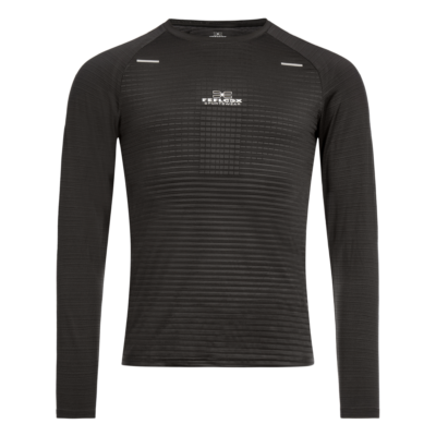 FFX Langarm Funktions Sportshirt Precise Fit von FEFLOGX Sportswear in rot, schwarz & dunkelgrau, langarm Sportshirt, langärmliges Rashguard, Sport Oberteil langarm, Sportshirt, Sport Oberteil, Funktionsshirt langarm, Kompressionsshirt langarm, vordere Ansicht des dunkelgrauen langarm Rashguards.