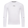 FFX Langarm Compression Rashguard Core Fit by FEFLOGX Sportswear in grau, weiß & schwarz, Fitness T Shirt, Sport Sweatshirt, langarm Sport Shirt, Longsleeve, langärmliges Sportshirt, langarm Rashguard, vordere Ansicht des weißen Compression Gym Shirt.