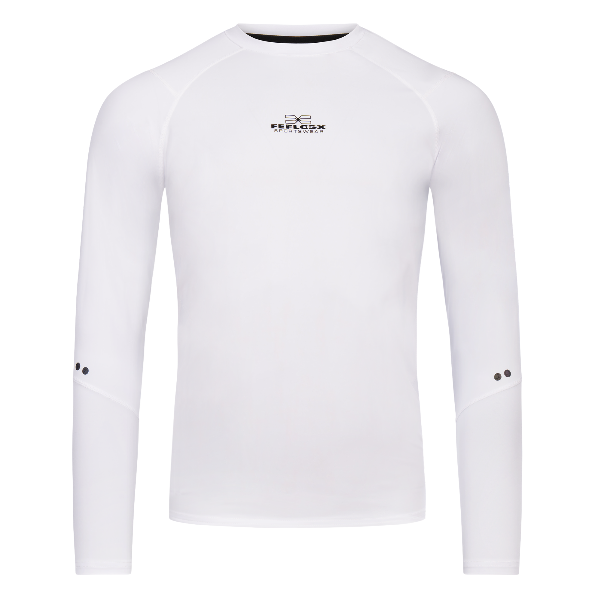 FFX Langarm Compression Rashguard Core Fit by FEFLOGX Sportswear in grau, weiß & schwarz, Fitness T Shirt, Sport Sweatshirt, langarm Sport Shirt, Longsleeve, langärmliges Sportshirt, langarm Rashguard, vordere Ansicht des weißen Compression Gym Shirt. FFX Langarm Compression Rashguard Core Fit