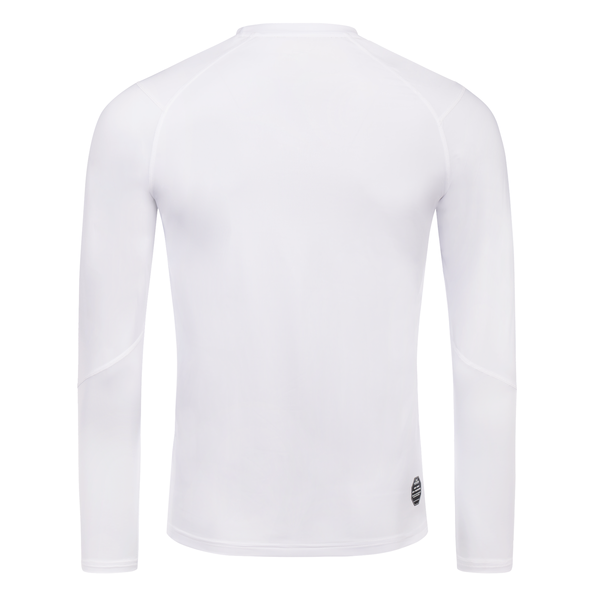 FFX Langarm Compression Rashguard Core Fit by FEFLOGX Sportswear in grau, weiß & schwarz, Fitness T Shirt, Sport Sweatshirt, langarm Sport Shirt, Longsleeve, langärmliges Sportshirt, langarm Rashguard, hintere Ansicht des weißen Compression Gym Shirt. FFX Langarm Compression Rashguard Core Fit