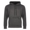 FFX Performance Kapuzenpullover Endurance Fit by FEFLOGX Sportswear in den Farben grau & schwarz, Sport Hoodie, Basic Hoodie, Sweater, Pullover mit Kapuze, Kapuzenpullover, Gym Hoodie, vordere Ansicht des grauen Kapuzen Pullover mit Reißverschluss Känguru Tasche.