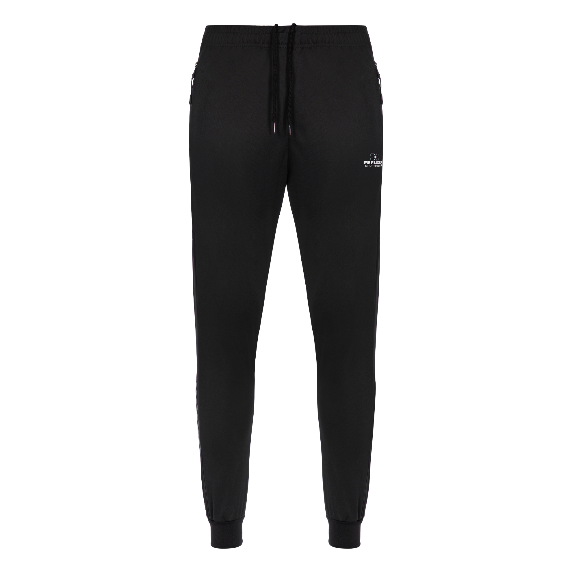 FFX High Performance Trainingshose Fighting Fitness by FEFLOGX Sportswear, Teil des Trainingsanzug: FFX Superior Jogginganzug Absolute Power, Top-Style Trainingshose Herren, Track Pants mit super bequemer Passform, Sporthose mit Handytasche, Herren Jogginghose, Top Jogger, Sport Hose für High Performance, Farben: schwarz, vordere Ansicht der schwarzen Jogging Hose mit Reißverschlusstaschen (2). FFX High Performance Trainingshose Fighting Fitness